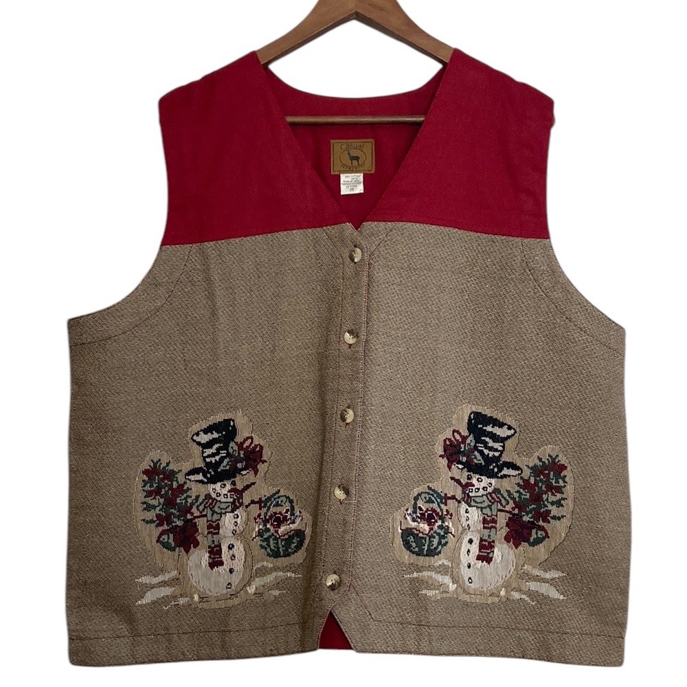 Vintage Tapestry Vest Women 20 Red Beige Embroidered Snowman Christmas Waistcoat